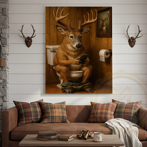 Funny Deer on Toilet Reading Phone Bathroom Humor Art Wrapped Canvas