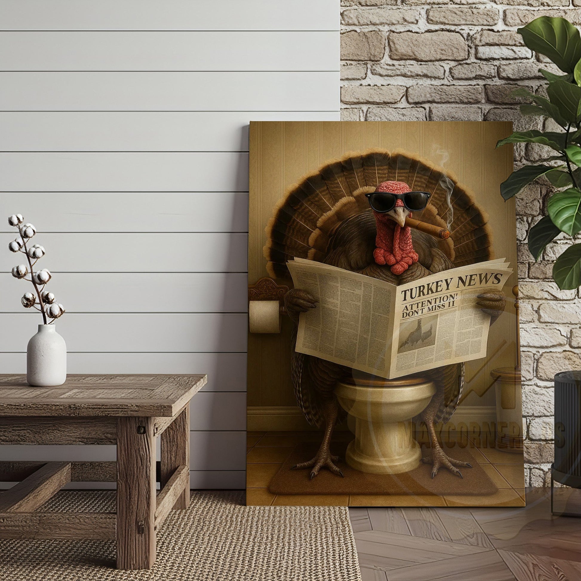 Turkey Reading Newspaper Smoking Cigar Funny Bathroom Art Wrapped Canvas