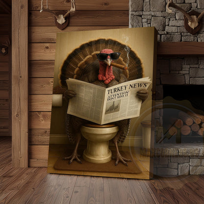 Turkey Reading Newspaper Smoking Cigar Funny Bathroom Art Wrapped Canvas