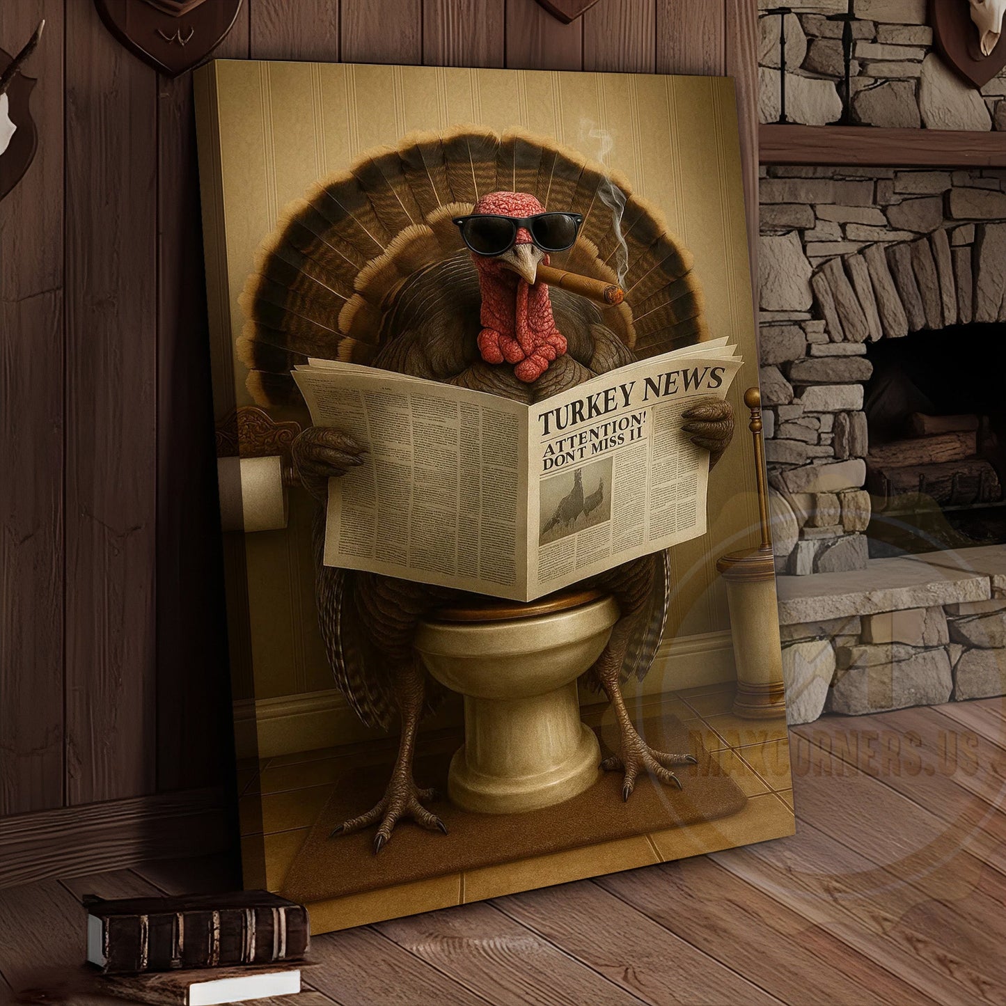 Turkey Reading Newspaper Smoking Cigar Funny Bathroom Art Wrapped Canvas