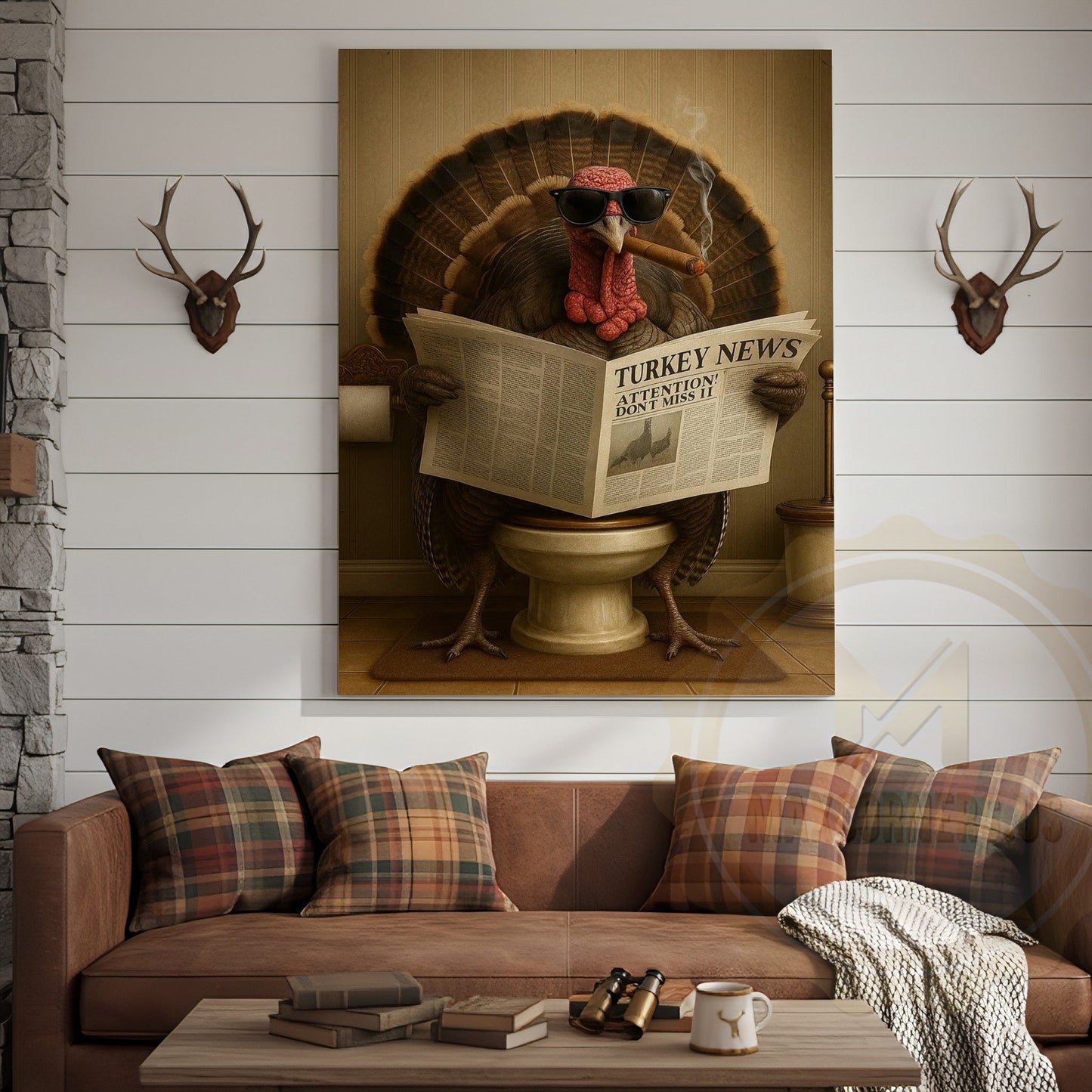 Turkey Reading Newspaper Smoking Cigar Funny Bathroom Art Wrapped Canvas