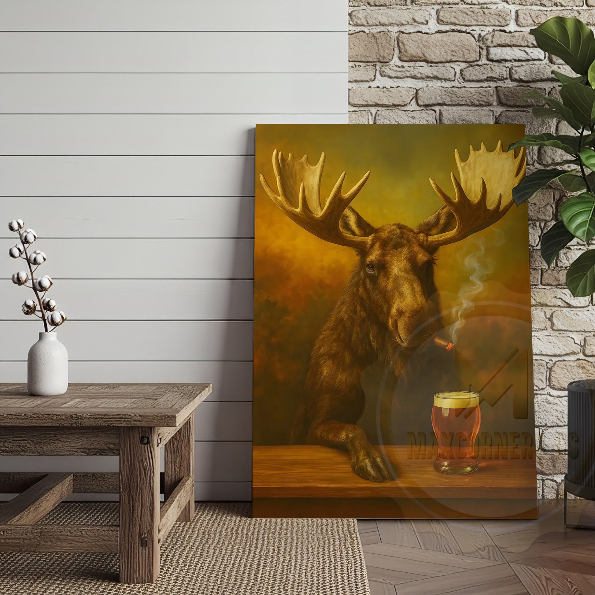 Moose Smoking Cigar with Beer Rustic Lodge Bar Art Wrapped Canvas