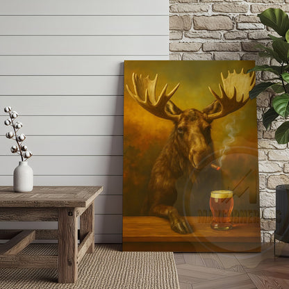 Moose Smoking Cigar with Beer Rustic Lodge Bar Art Wrapped Canvas