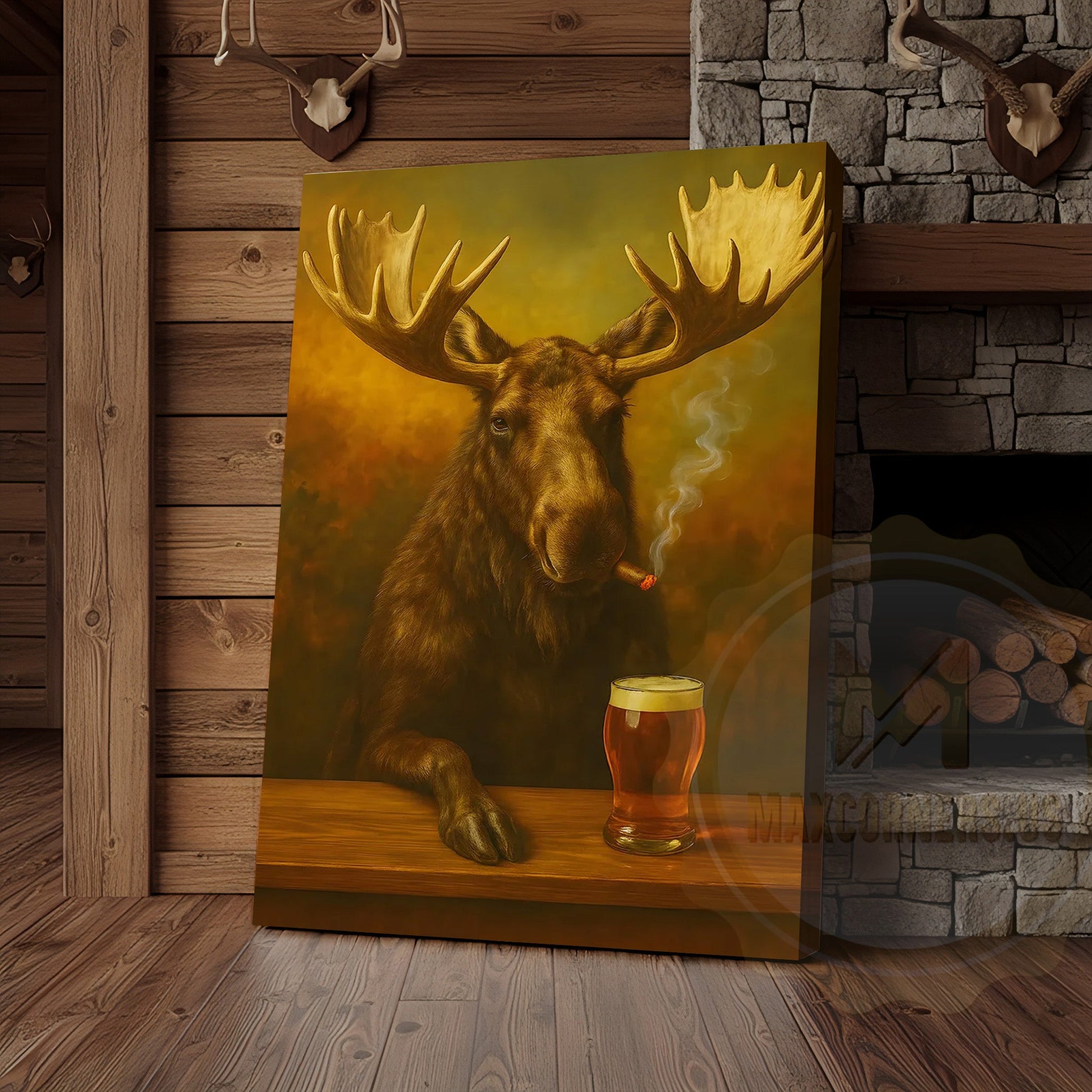 Moose Smoking Cigar with Beer Rustic Lodge Bar Art Wrapped Canvas