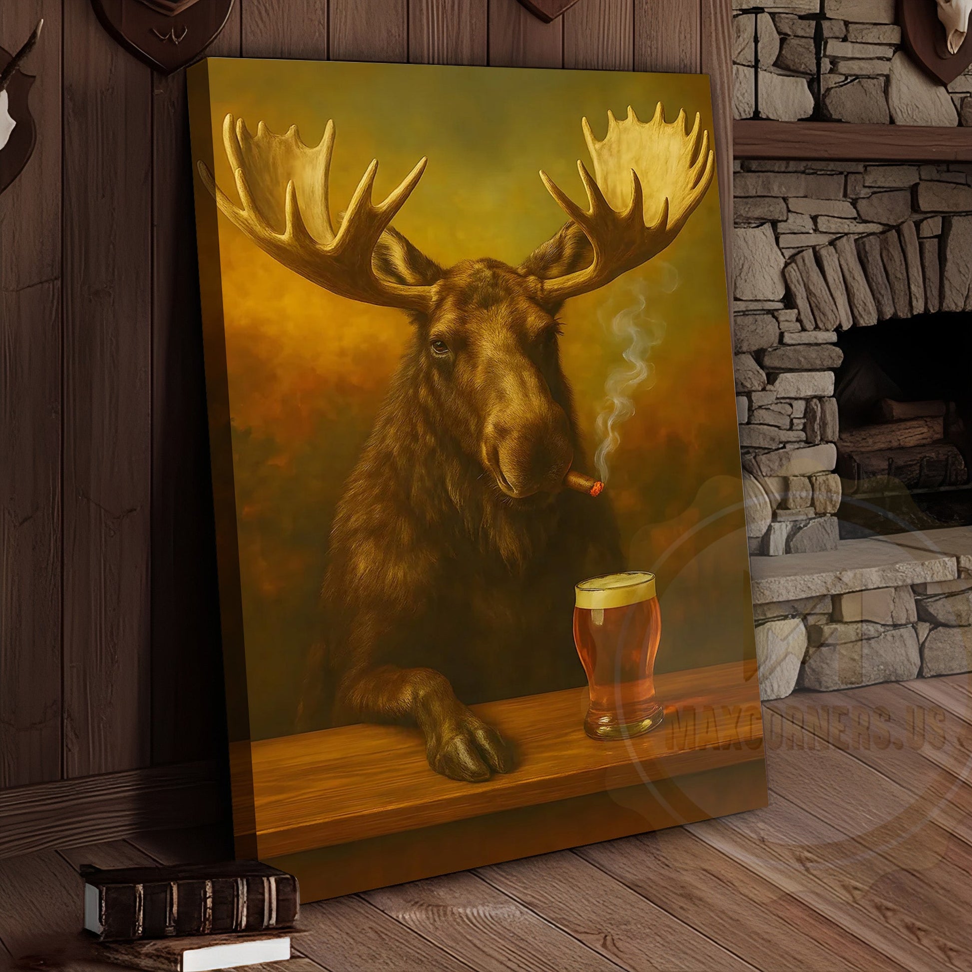 Moose Smoking Cigar with Beer Rustic Lodge Bar Art Wrapped Canvas