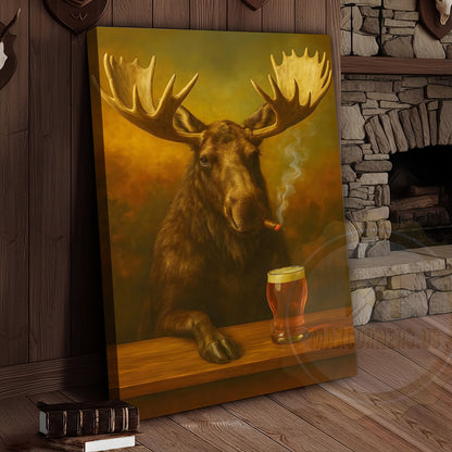 Moose Smoking Cigar with Beer Rustic Lodge Bar Art Wrapped Canvas
