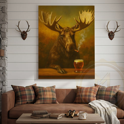 Moose Smoking Cigar with Beer Rustic Lodge Bar Art Wrapped Canvas