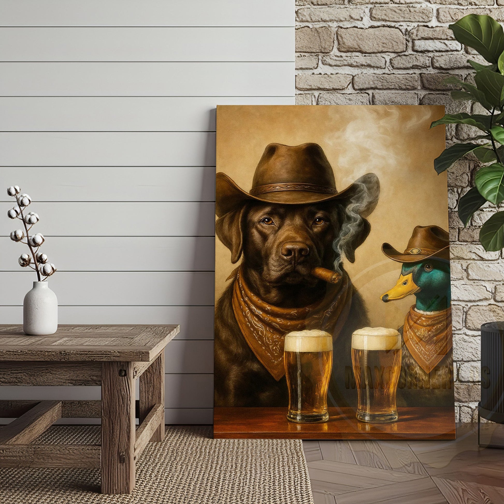 Cowboy Dog Funny and Duck Drinking Beer Western Bar Art Wrapped Canvas