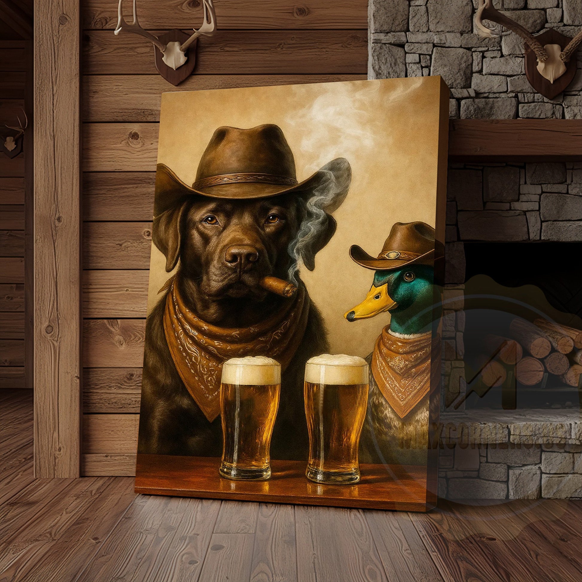 Cowboy Dog Funny and Duck Drinking Beer Western Bar Art Wrapped Canvas