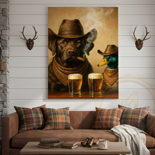 Cowboy Dog Funny and Duck Drinking Beer Western Bar Art Wrapped Canvas