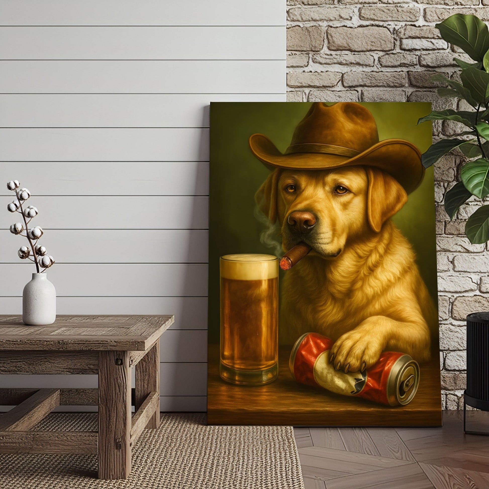 Funny Cowboy Dog Wall Art – Funny Beer & Smoking Canvas For Hunters, Bar & Man Cave Decor