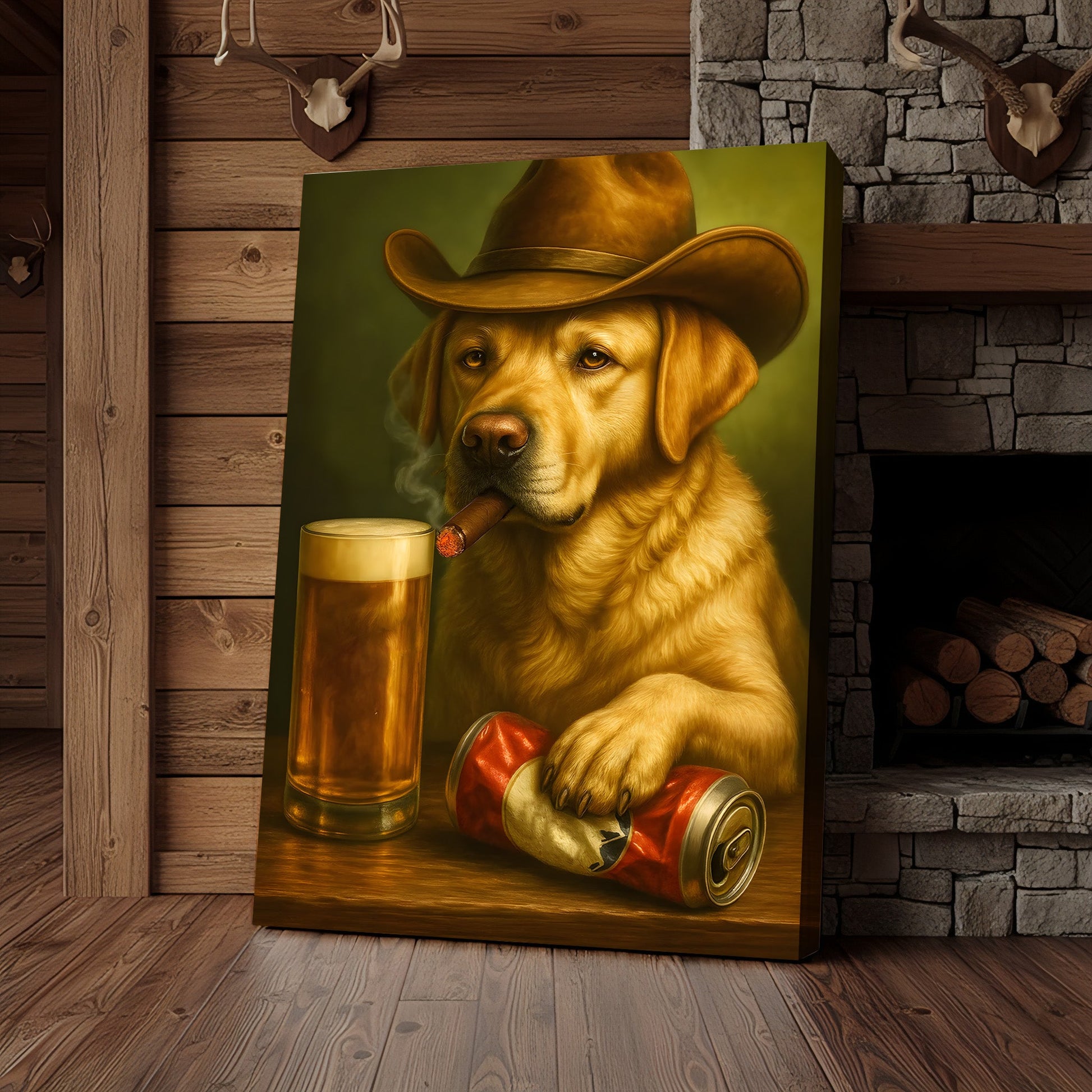 Funny Cowboy Dog Wall Art – Funny Beer & Smoking Canvas For Hunters, Bar & Man Cave Decor