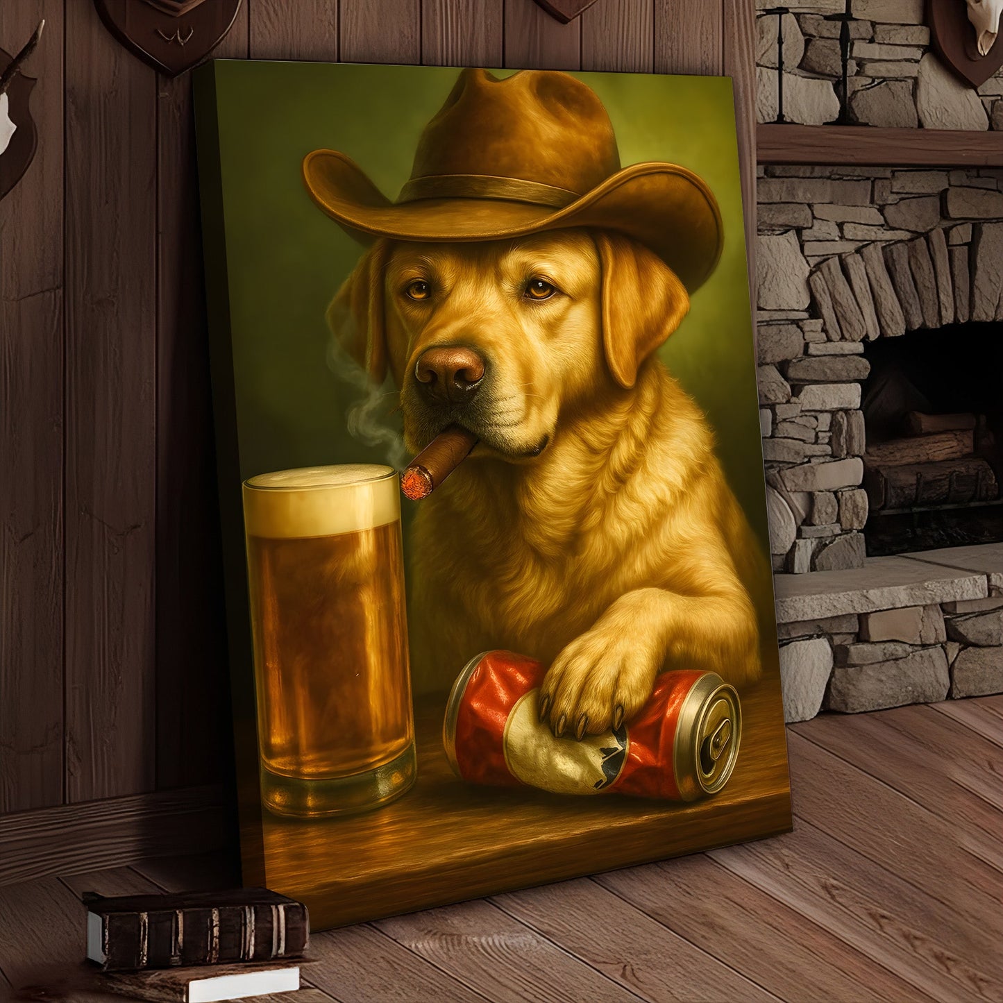 Funny Cowboy Dog Wall Art – Funny Beer & Smoking Canvas For Hunters, Bar & Man Cave Decor