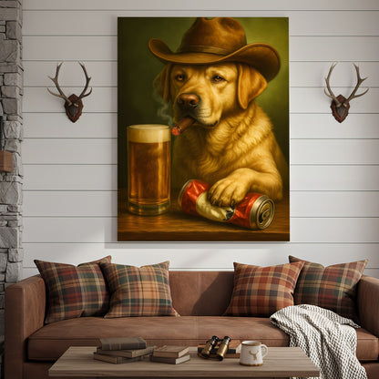Funny Cowboy Dog Wall Art – Funny Beer & Smoking Canvas For Hunters, Bar & Man Cave Decor