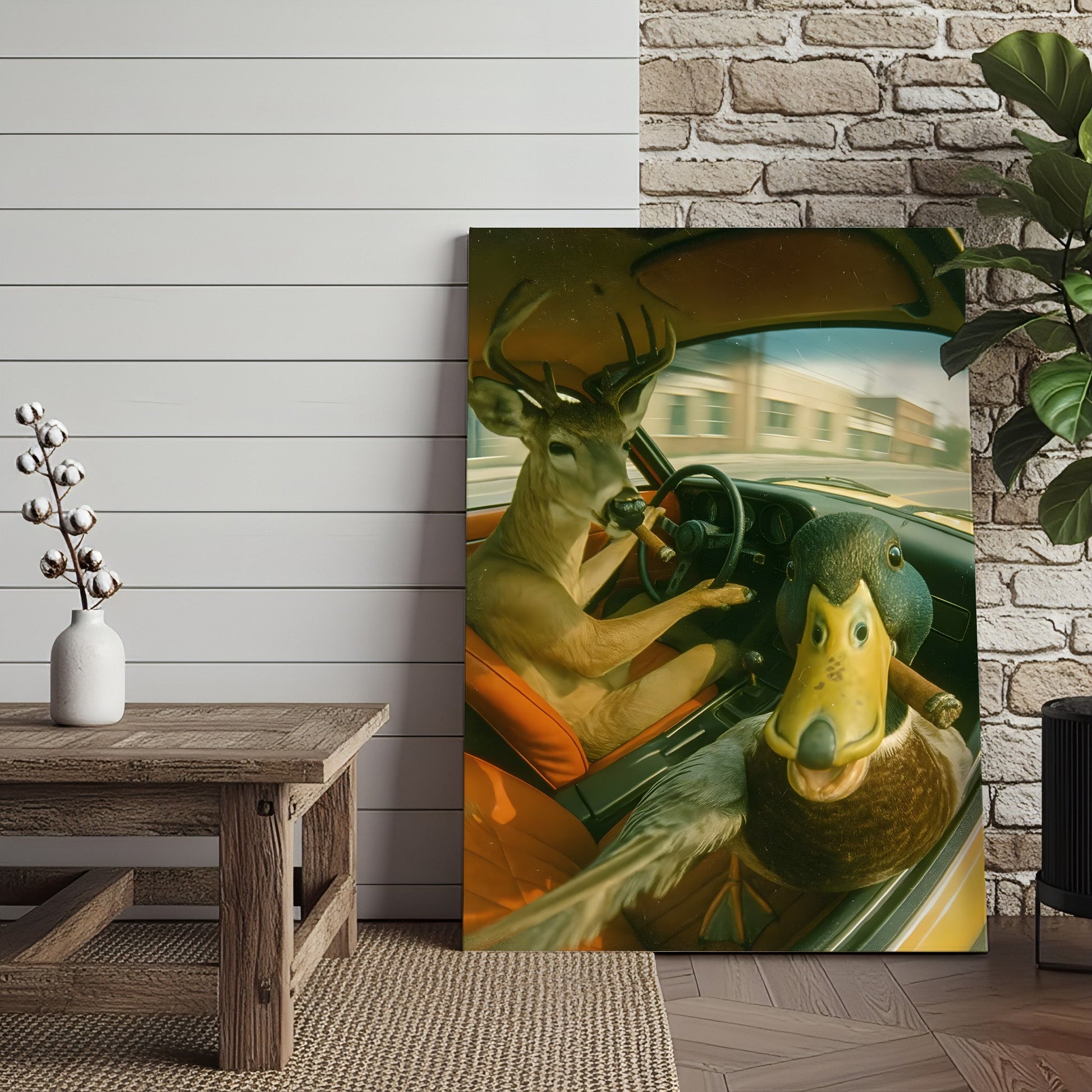 Wild Road Trip Canvas Wall Art – Deer & Duck Adventure Scene – Quirky Rustic Cabin Decor
