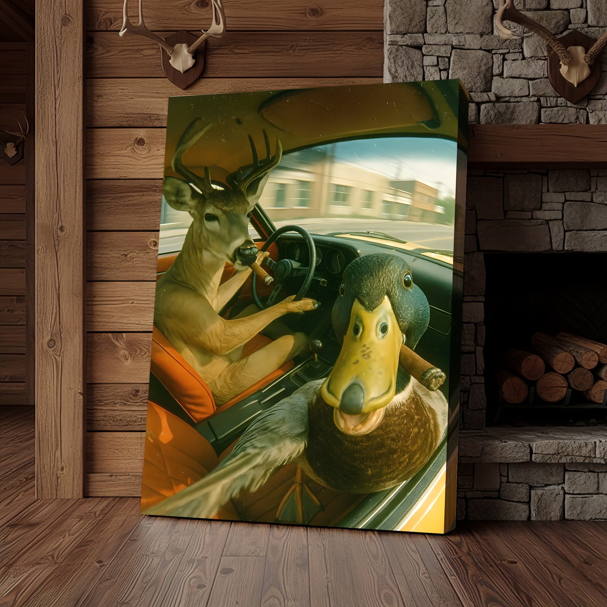 Wild Road Trip Canvas Wall Art – Deer & Duck Adventure Scene – Quirky Rustic Cabin Decor