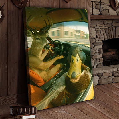 Wild Road Trip Canvas Wall Art – Deer & Duck Adventure Scene – Quirky Rustic Cabin Decor