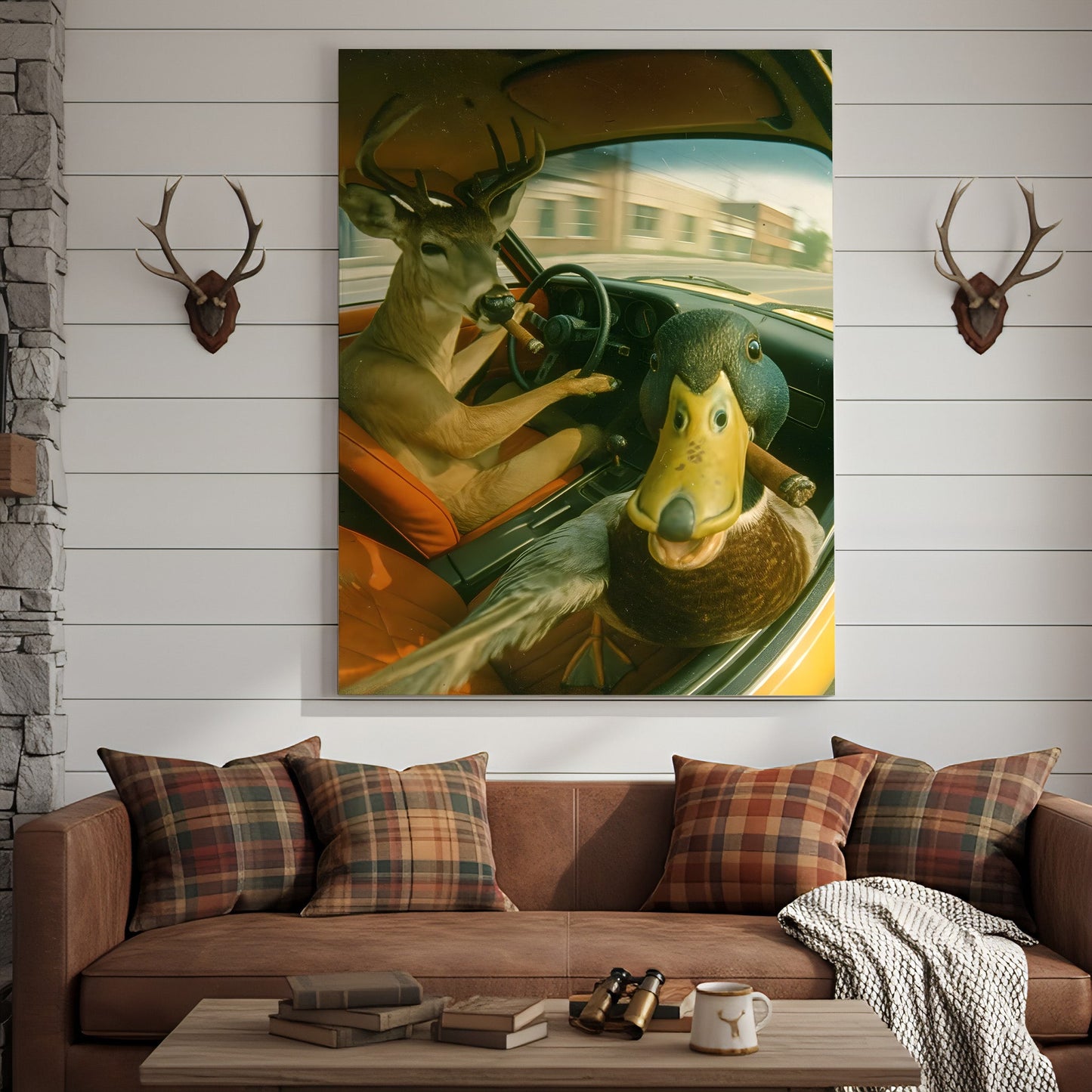 Wild Road Trip Canvas Wall Art – Deer & Duck Adventure Scene – Quirky Rustic Cabin Decor