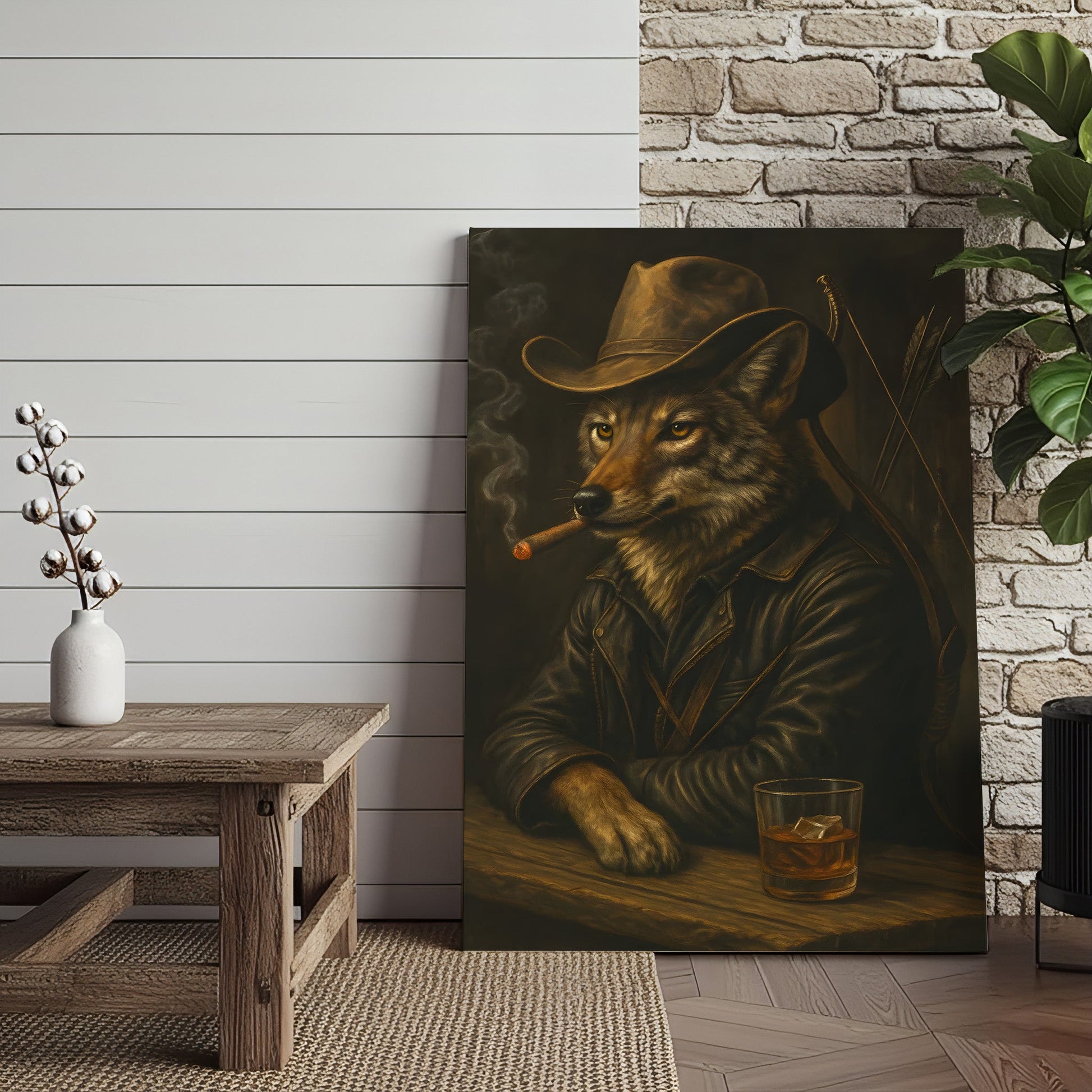 Coyote Cowboy Bar & Whiskey Canvas – Great Hunting Gift for Hunters & Rustic Western Decor