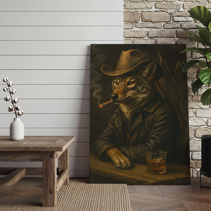 Coyote Cowboy Bar & Whiskey Canvas – Great Hunting Gift for Hunters & Rustic Western Decor