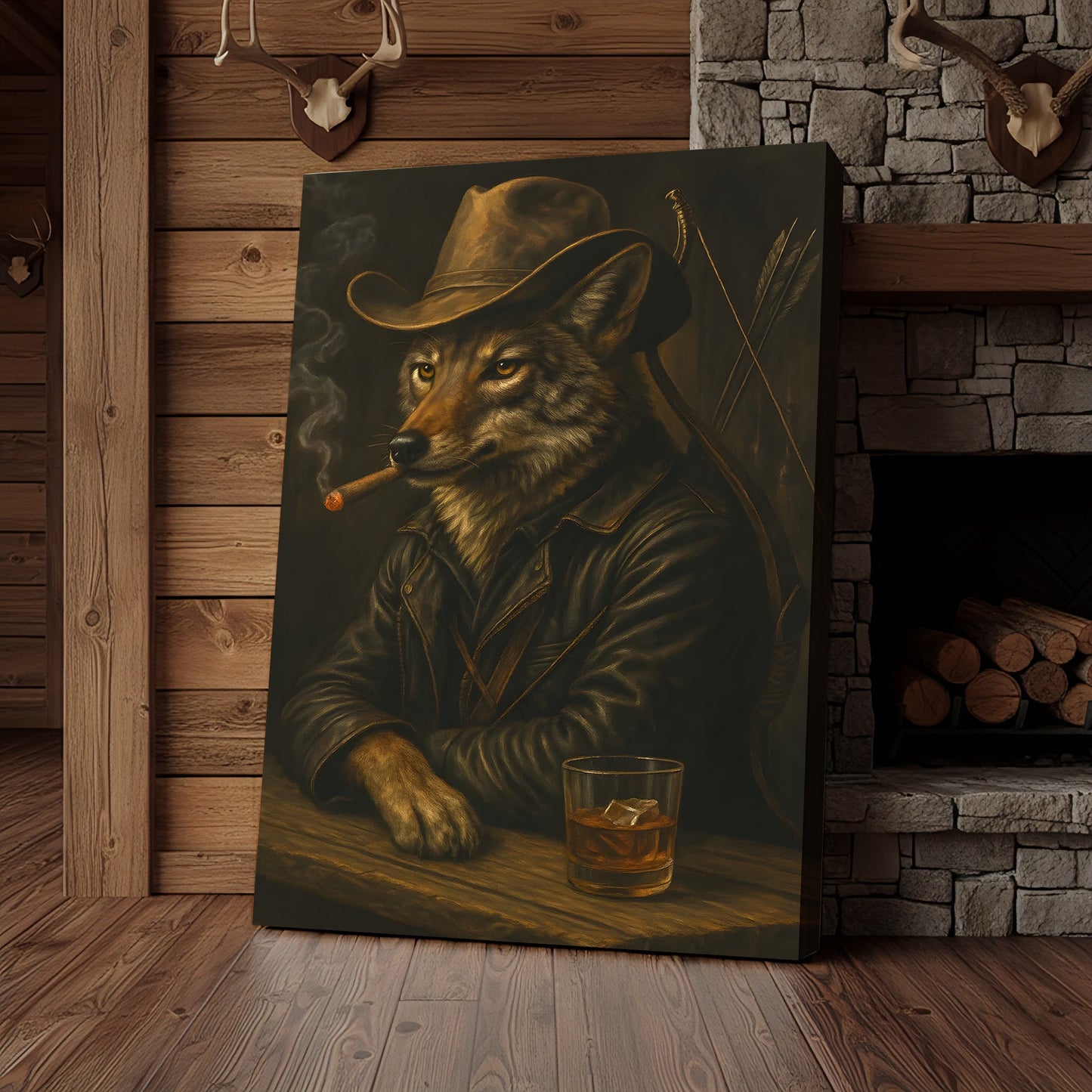 Coyote Cowboy Bar & Whiskey Canvas – Great Hunting Gift for Hunters & Rustic Western Decor
