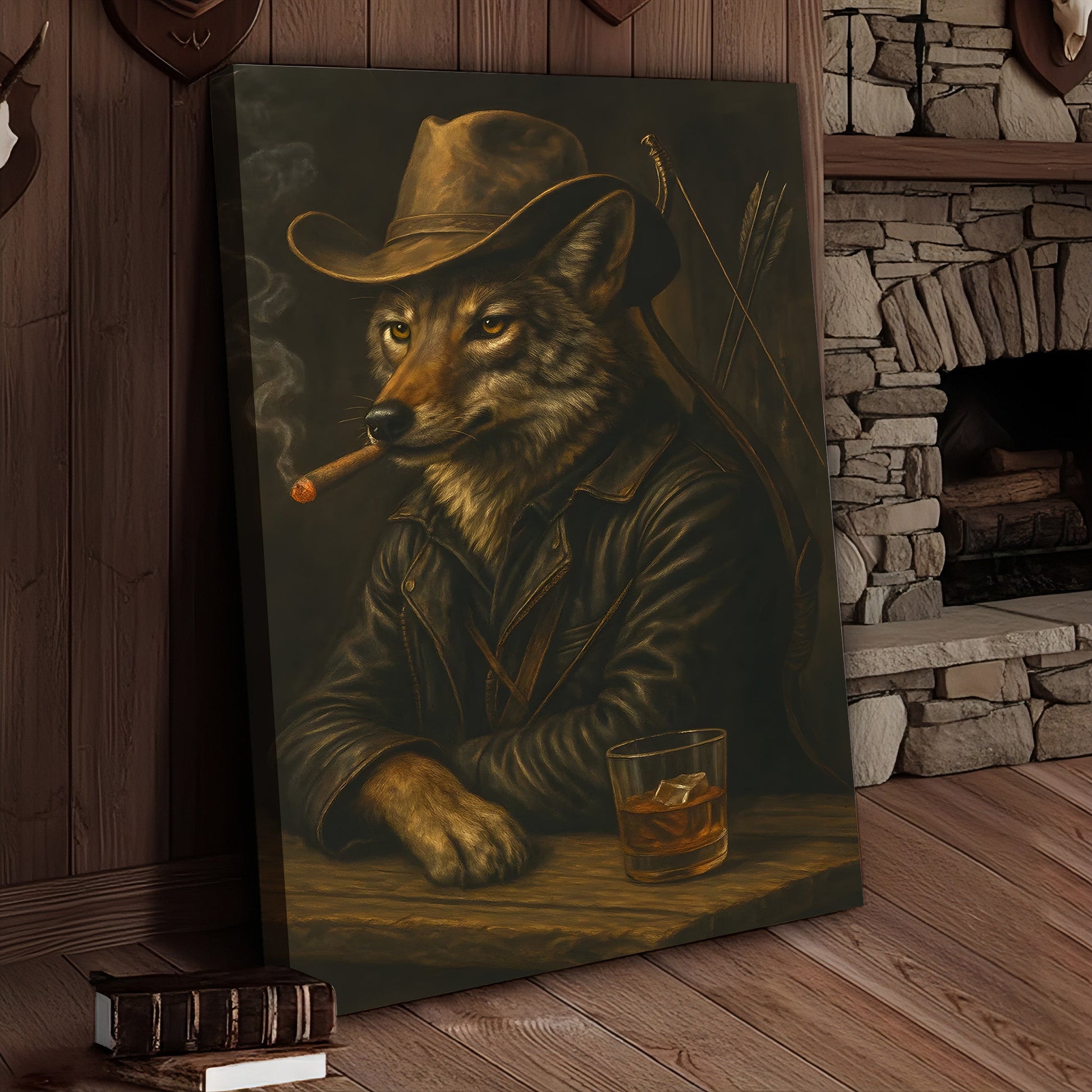 Coyote Cowboy Bar & Whiskey Canvas – Great Hunting Gift for Hunters & Rustic Western Decor