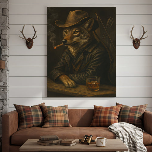 Coyote Cowboy Bar & Whiskey Canvas – Great Hunting Gift for Hunters & Rustic Western Decor