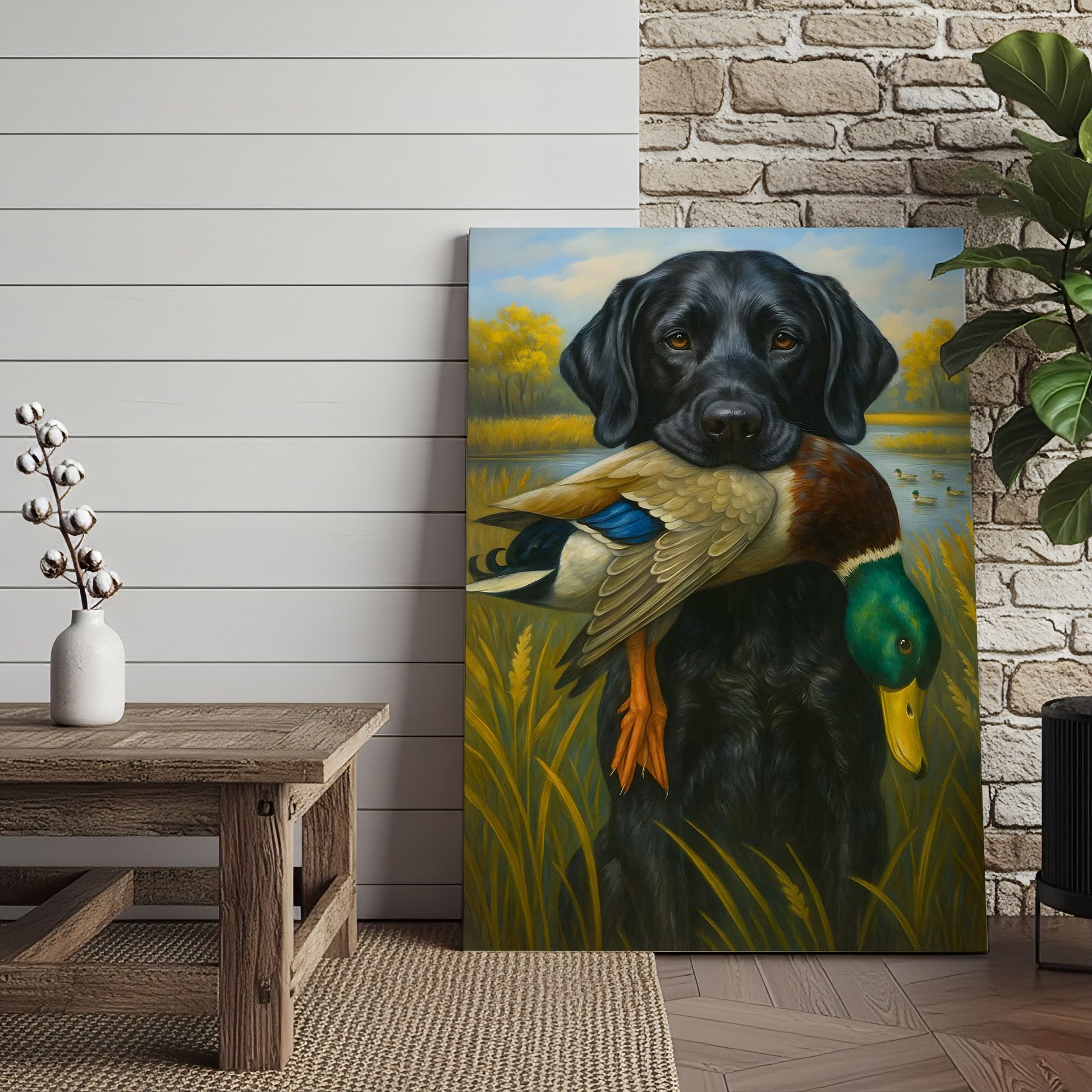 Hunting Dog Canvas Wall Art – Black Labrador Retriever with Duck, Rustic Cabin & Man Cave Decor