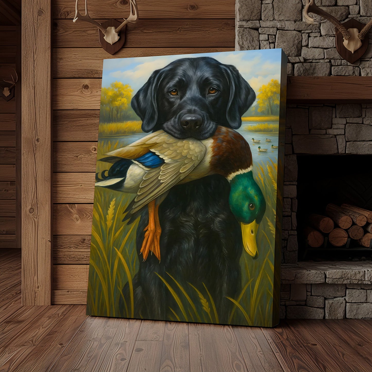 Hunting Dog Canvas Wall Art – Black Labrador Retriever with Duck, Rustic Cabin & Man Cave Decor