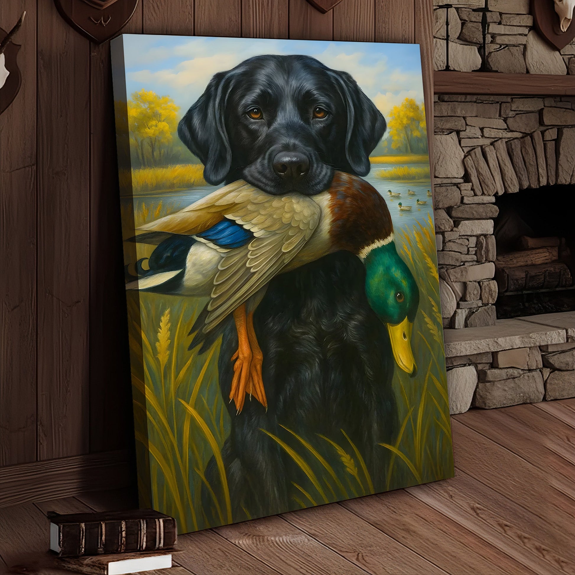 Hunting Dog Canvas Wall Art – Black Labrador Retriever with Duck, Rustic Cabin & Man Cave Decor