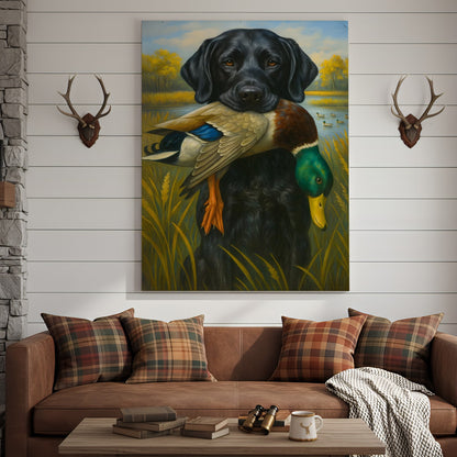 Hunting Dog Canvas Wall Art – Black Labrador Retriever with Duck, Rustic Cabin & Man Cave Decor