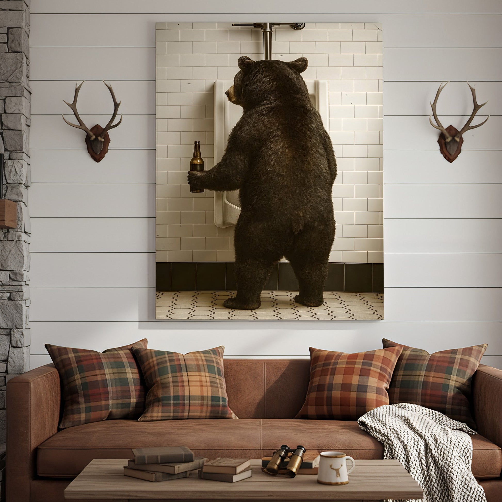 Funny Black Bear Canvas Wall Art – Hilarious Bathroom Humor Decor – Rustic Cabin Lodge Gag Gift – Quirky Hunting Camp An