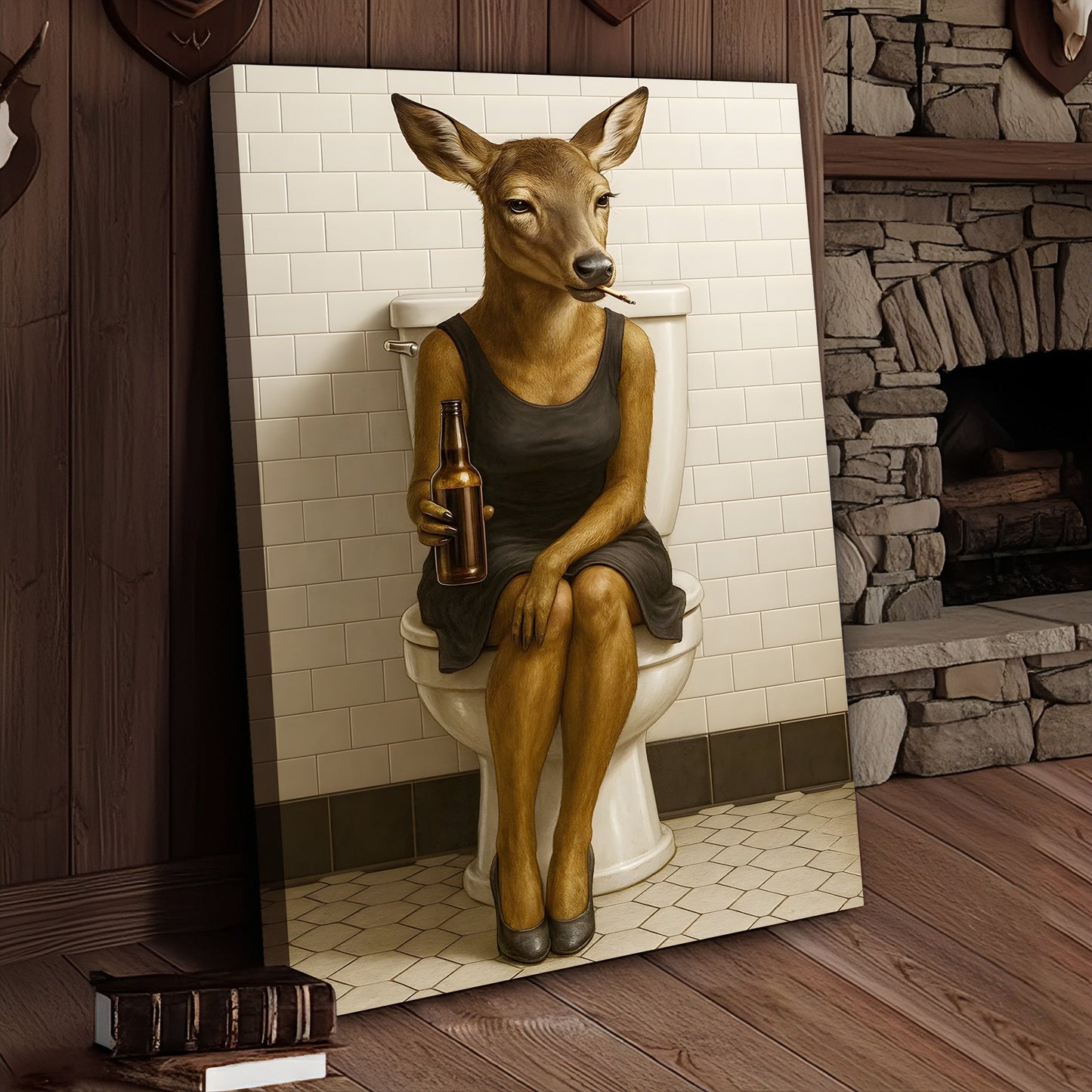 Funny Doe Canvas Wall Art – Hilarious Bathroom Humor Decor – Rustic Cabin Lodge Gag Gift