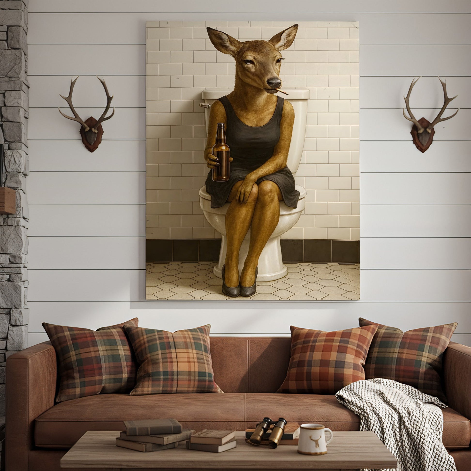 Funny Doe Canvas Wall Art – Hilarious Bathroom Humor Decor – Rustic Cabin Lodge Gag Gift