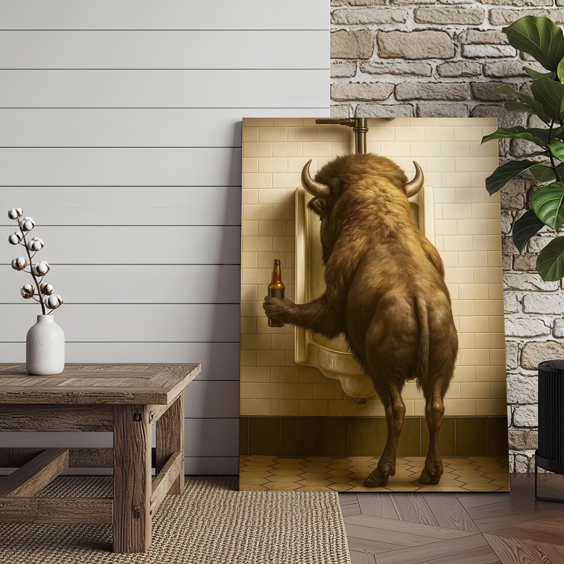 Funny Bison Canvas Wall Art - Rustic Bathroom Lodge Decor for Hunters - Unique Wildlife Cabin Print