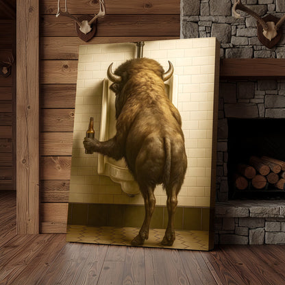 Funny Bison Canvas Wall Art - Rustic Bathroom Lodge Decor for Hunters - Unique Wildlife Cabin Print