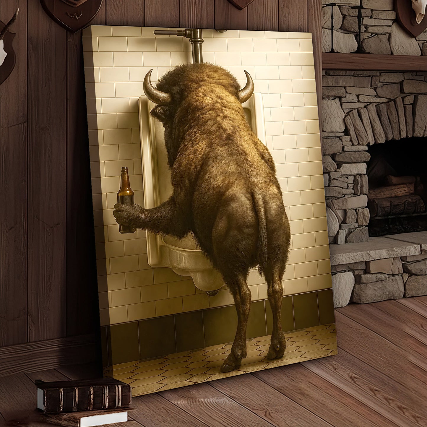 Funny Bison Canvas Wall Art - Rustic Bathroom Lodge Decor for Hunters - Unique Wildlife Cabin Print