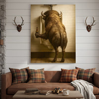 Funny Bison Canvas Wall Art - Rustic Bathroom Lodge Decor for Hunters - Unique Wildlife Cabin Print