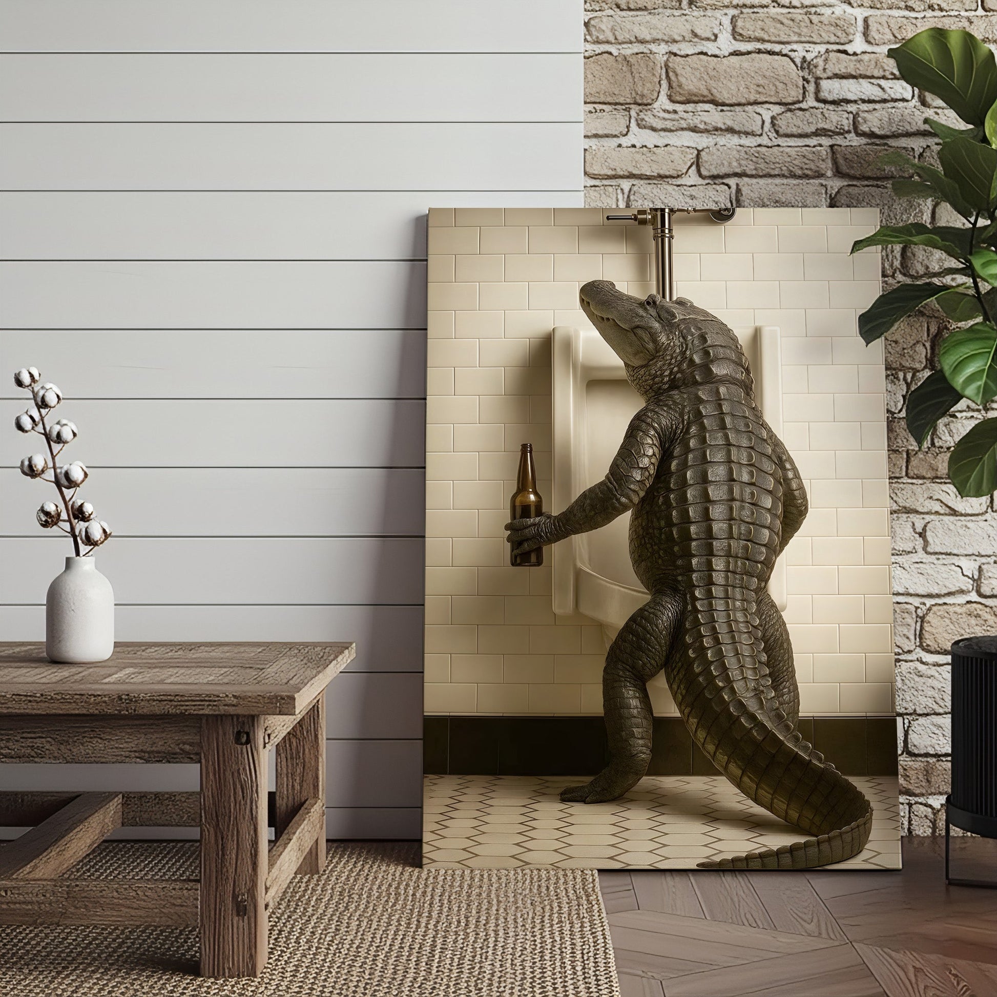 Alligator Bathroom Canvas Wall Art - Funny Rustic Lodge Decor for Cabin, Bar, and Wildlife Lovers - Unique Gator Print