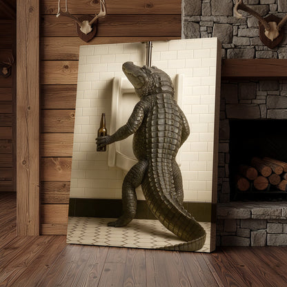 Alligator Bathroom Canvas Wall Art - Funny Rustic Lodge Decor for Cabin, Bar, and Wildlife Lovers - Unique Gator Print