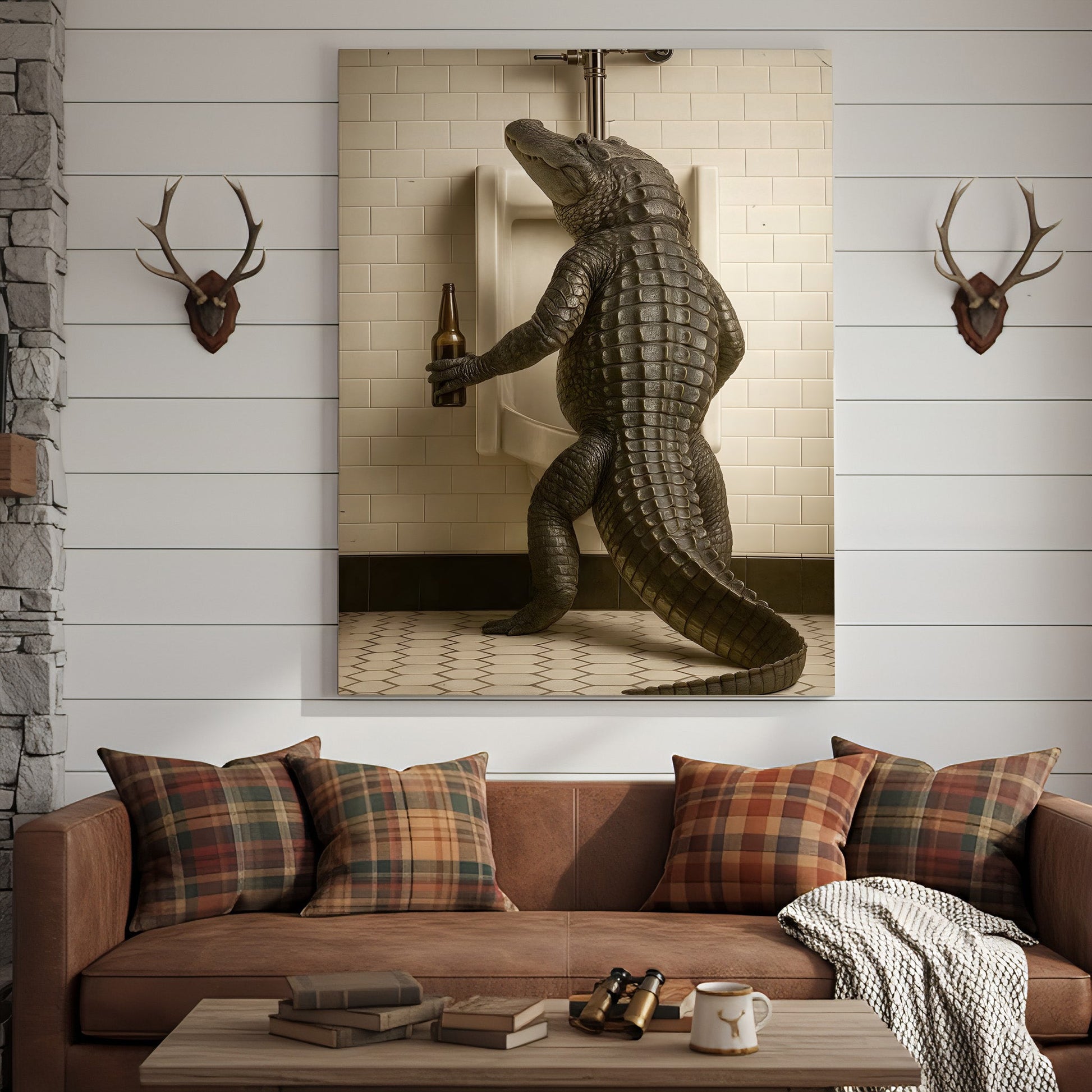 Alligator Bathroom Canvas Wall Art - Funny Rustic Lodge Decor for Cabin, Bar, and Wildlife Lovers - Unique Gator Print