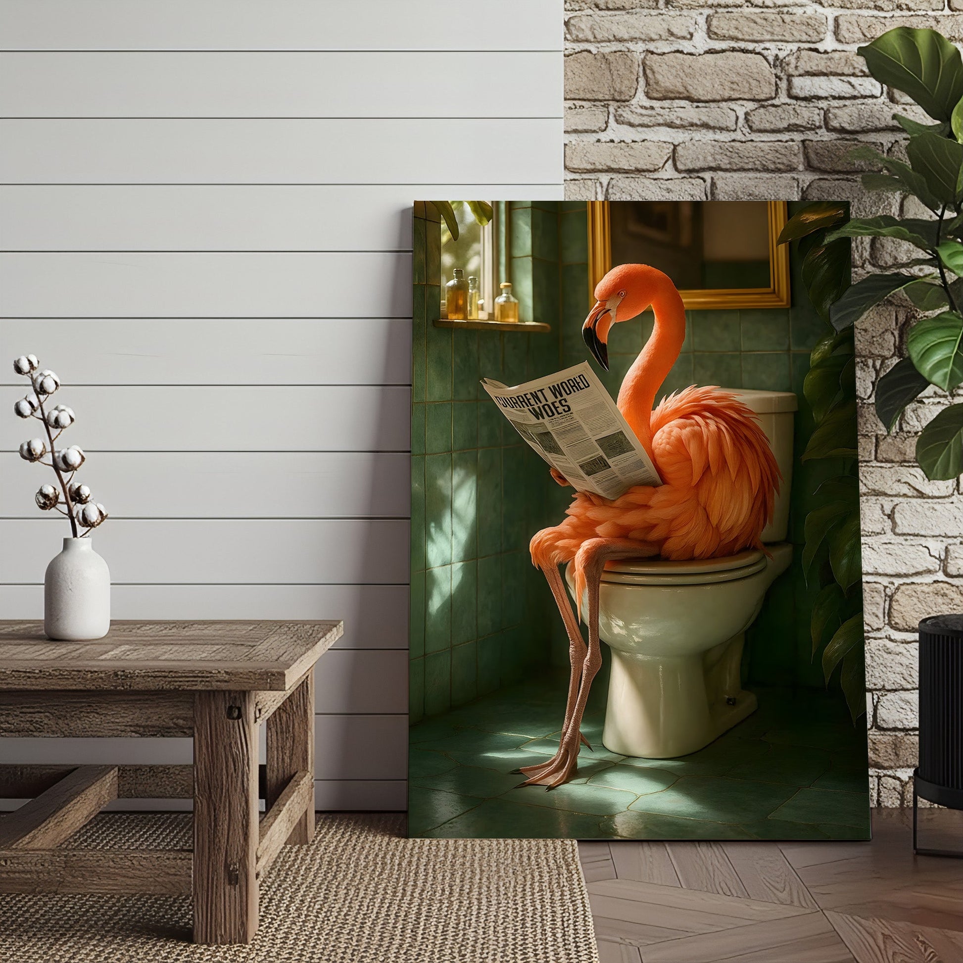 Funny Flamingo Bathroom Canvas Wall Art – Quirky Bird Reading Newspaper Print – Humorous Home Decor