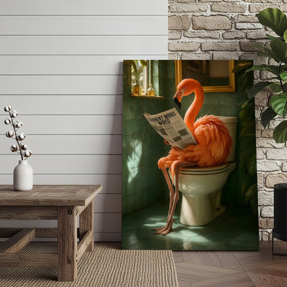 Funny Flamingo Bathroom Canvas Wall Art – Quirky Bird Reading Newspaper Print – Humorous Home Decor