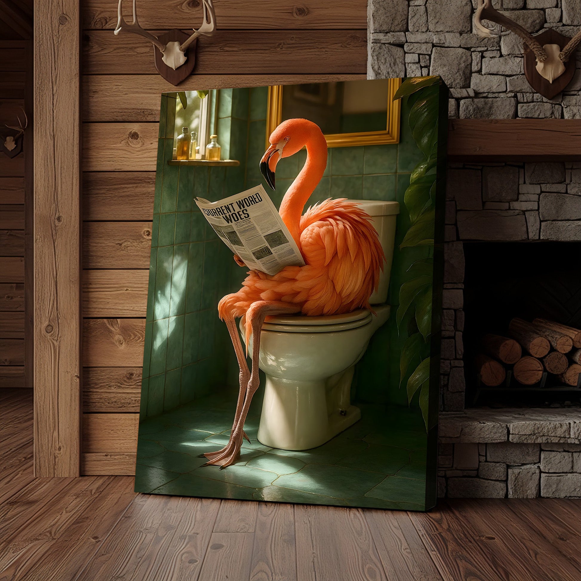 Funny Flamingo Bathroom Canvas Wall Art – Quirky Bird Reading Newspaper Print – Humorous Home Decor