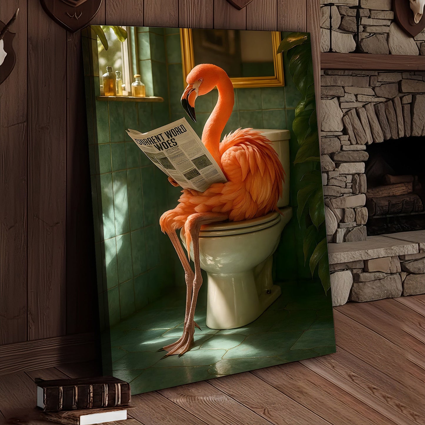 Funny Flamingo Bathroom Canvas Wall Art – Quirky Bird Reading Newspaper Print – Humorous Home Decor