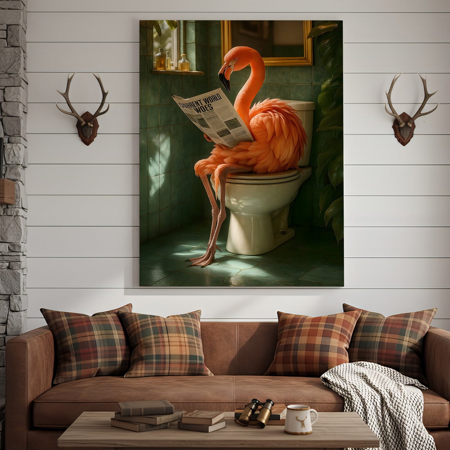 Funny Flamingo Bathroom Canvas Wall Art – Quirky Bird Reading Newspaper Print – Humorous Home Decor