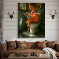 Funny Flamingo Bathroom Canvas Wall Art – Quirky Bird Reading Newspaper Print – Humorous Home Decor