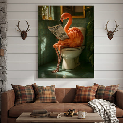 Funny Flamingo Bathroom Canvas Wall Art – Quirky Bird Reading Newspaper Print – Humorous Home Decor