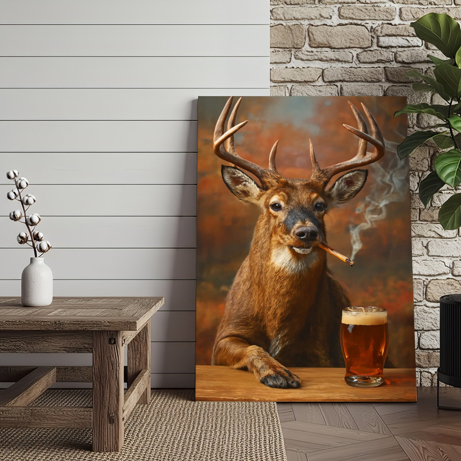 Smoking Deer with Cocktail Glasses Canvas – Funny Hunting Wall Art for Man Caves