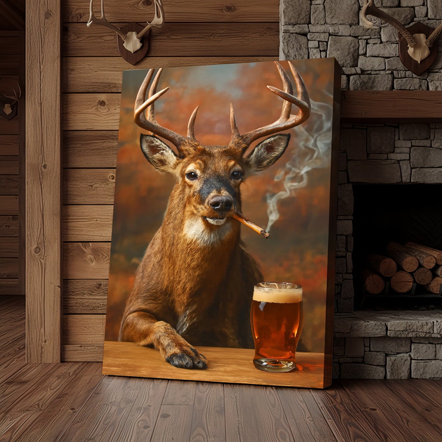 Smoking Deer with Cocktail Glasses Canvas – Funny Hunting Wall Art for Man Caves